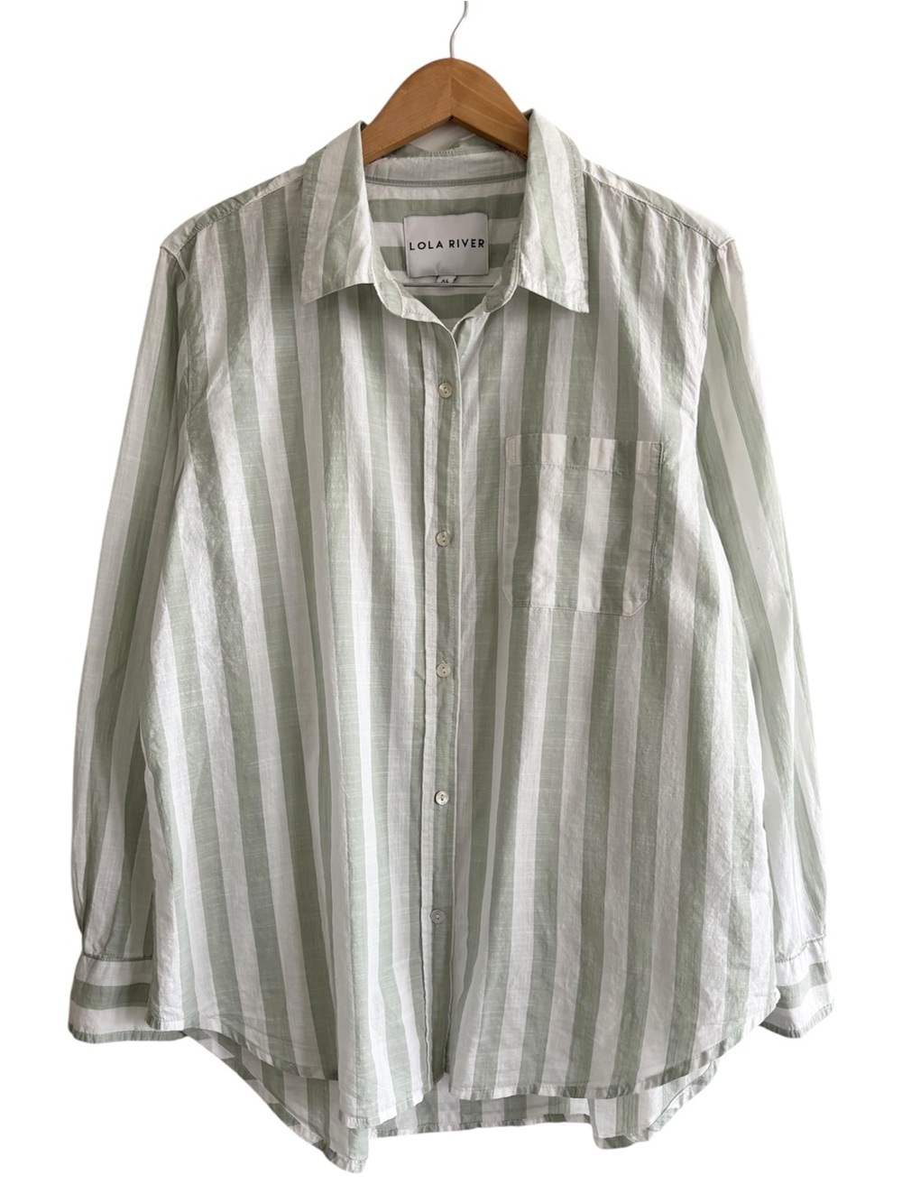 Lola River 100% Cotton Light Sage & White Striped Button Down Shirt